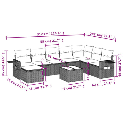 9-tlg. Garten-Sofagarnitur mit Kissen Schwarz Poly Rattan