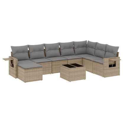 9-tlg. Garten-Sofagarnitur mit Kissen Beige Poly Rattan