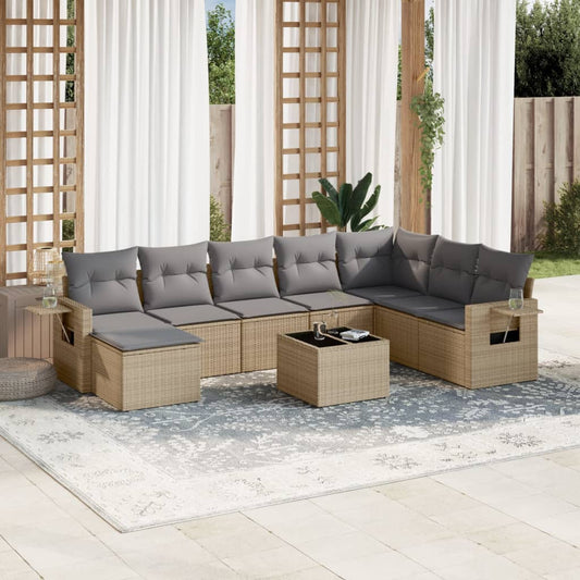 9-tlg. Garten-Sofagarnitur mit Kissen Beige Poly Rattan