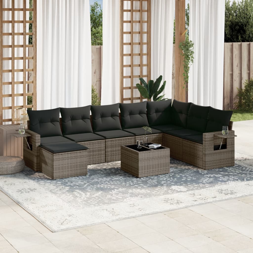 9-tlg. Garten-Sofagarnitur mit Kissen Grau Poly Rattan