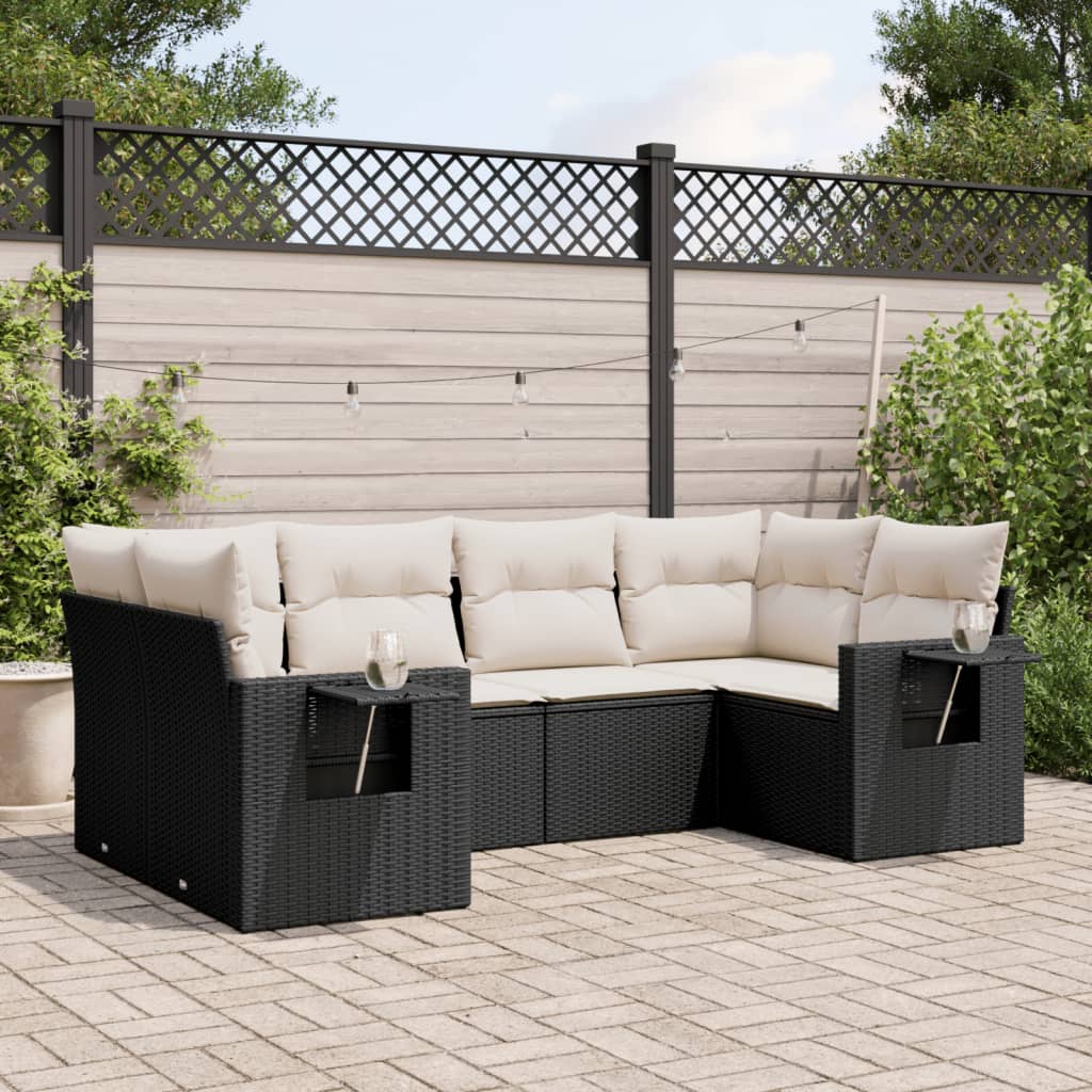 6-tlg. Garten-Sofagarnitur mit Kissen Schwarz Poly Rattan