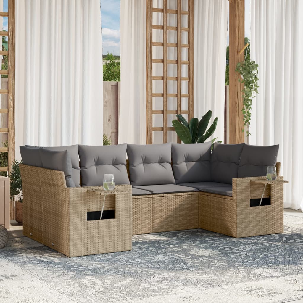 6-tlg. Garten-Sofagarnitur mit Kissen Beige Poly Rattan