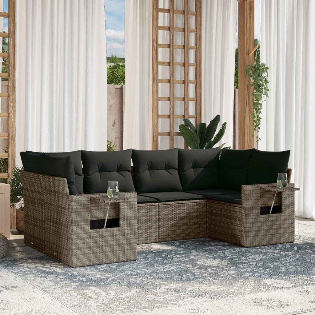 6-tlg. Garten-Sofagarnitur mit Kissen Grau Poly Rattan