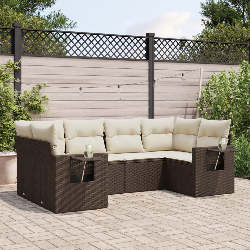 6-tlg. Garten-Sofagarnitur mit Kissen Braun Poly Rattan