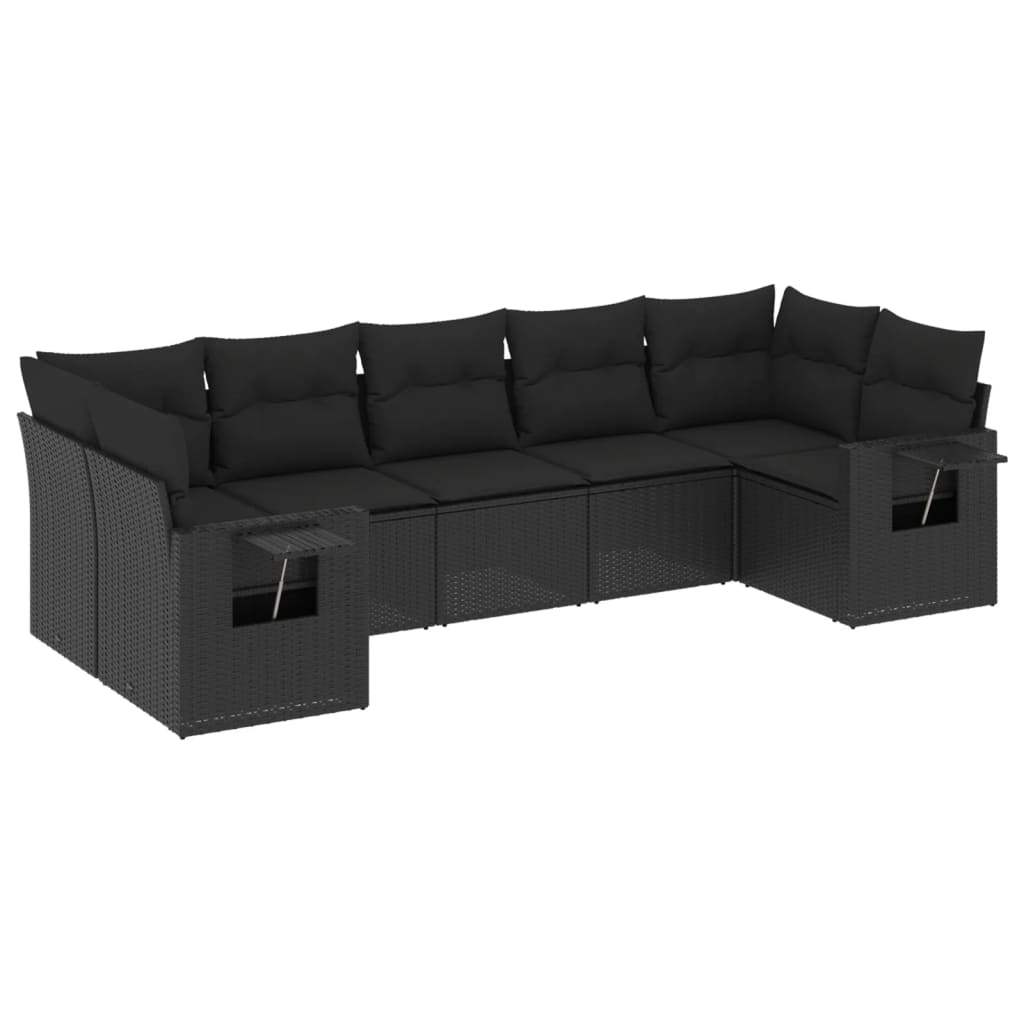 7-tlg. Garten-Sofagarnitur mit Kissen Schwarz Poly Rattan