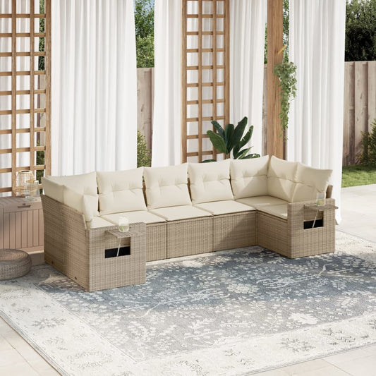 7-tlg. Garten-Sofagarnitur mit Kissen Beige Poly Rattan