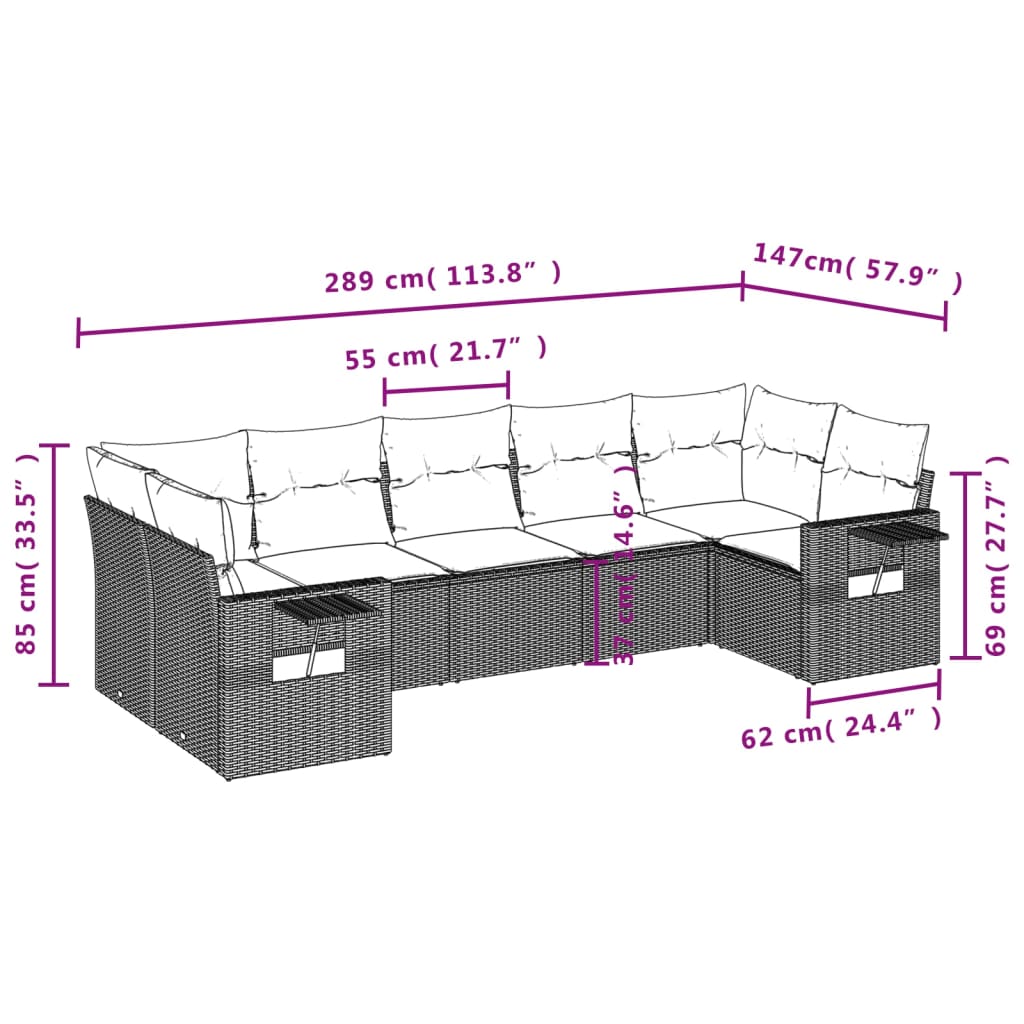 7-tlg. Garten-Sofagarnitur mit Kissen Hellgrau Poly Rattan