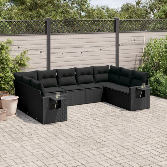 9-tlg. Garten-Sofagarnitur mit Kissen Schwarz Poly Rattan