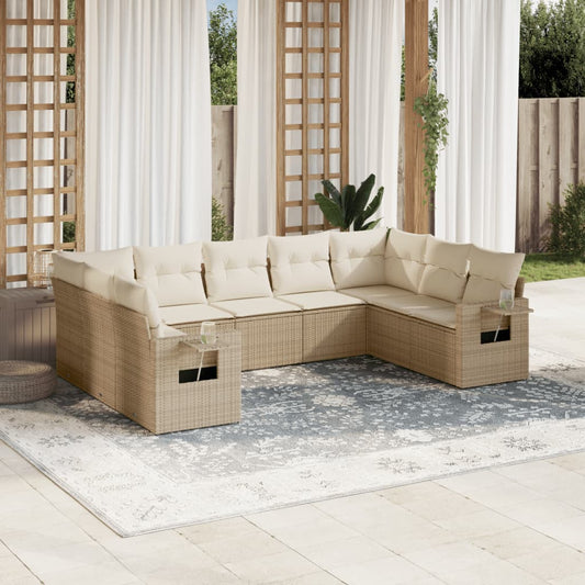 9-tlg. Garten-Sofagarnitur mit Kissen Beige Poly Rattan