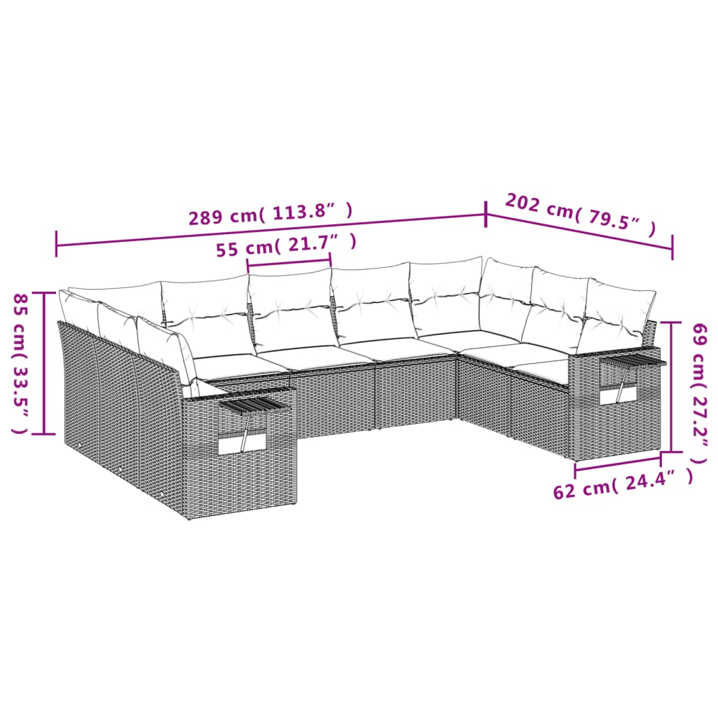 9-tlg. Garten-Sofagarnitur mit Kissen Grau Poly Rattan