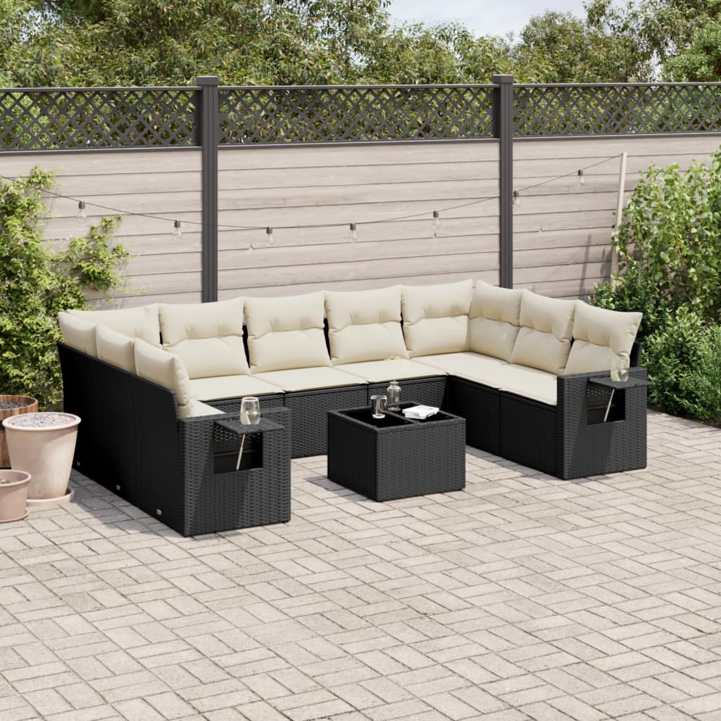 10-tlg. Garten-Sofagarnitur mit Kissen Schwarz Poly Rattan