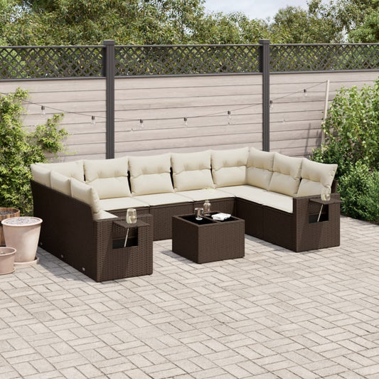 10-tlg. Garten-Sofagarnitur mit Kissen Braun Poly Rattan