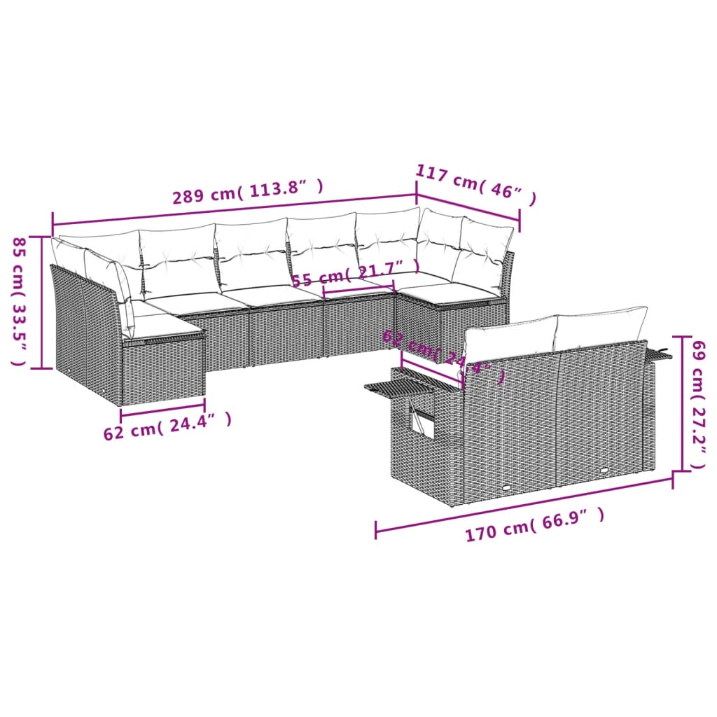 9-tlg. Garten-Sofagarnitur mit Kissen Schwarz Poly Rattan