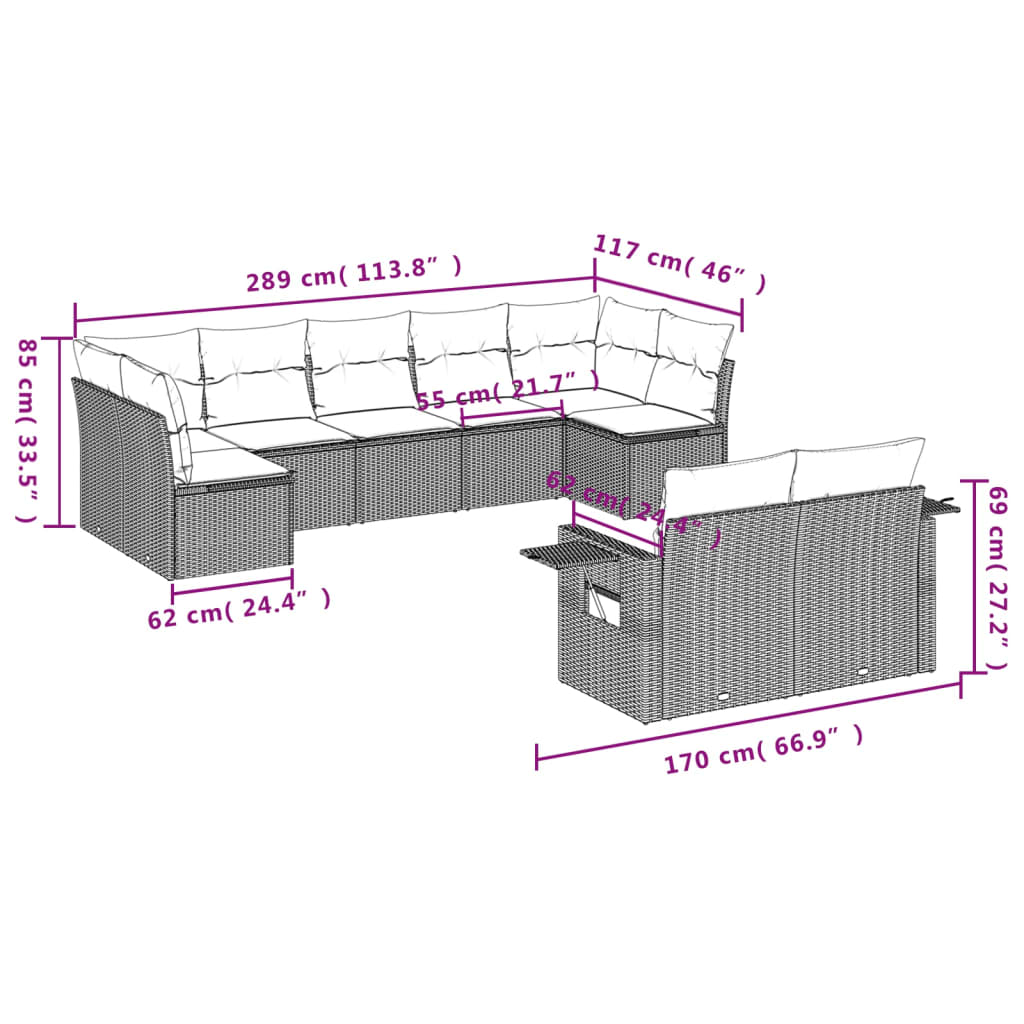 9-tlg. Garten-Sofagarnitur mit Kissen Grau Poly Rattan