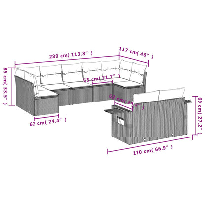 9-tlg. Garten-Sofagarnitur mit Kissen Grau Poly Rattan