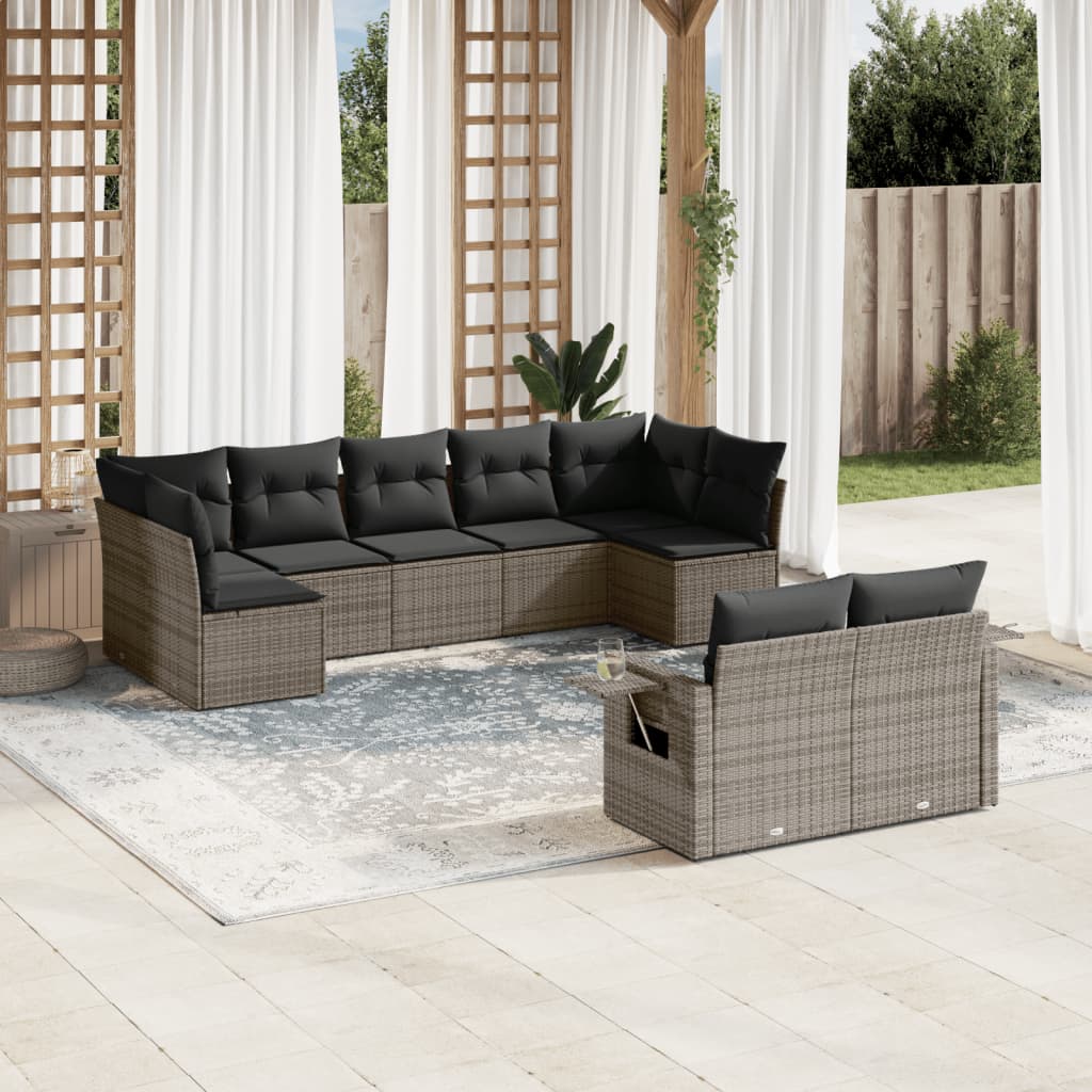 9-tlg. Garten-Sofagarnitur mit Kissen Grau Poly Rattan