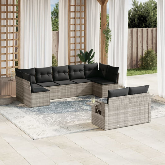 9-tlg. Garten-Sofagarnitur mit Kissen Hellgrau Poly Rattan