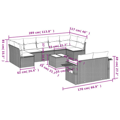 10-tlg. Garten-Sofagarnitur mit Kissen Schwarz Poly Rattan