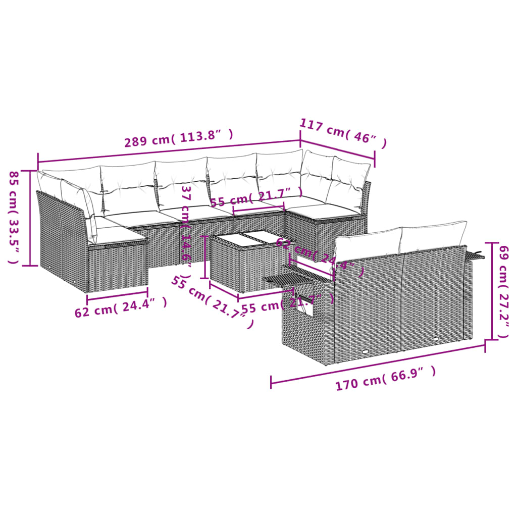 10-tlg. Garten-Sofagarnitur mit Kissen Grau Poly Rattan