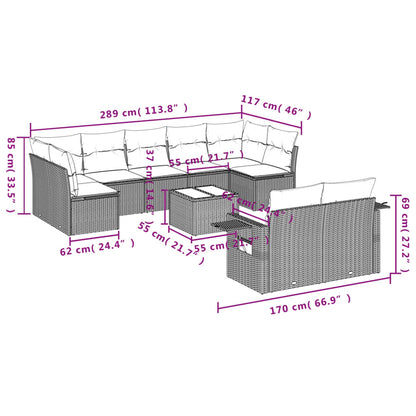 10-tlg. Garten-Sofagarnitur mit Kissen Braun Poly Rattan