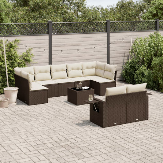 10-tlg. Garten-Sofagarnitur mit Kissen Braun Poly Rattan