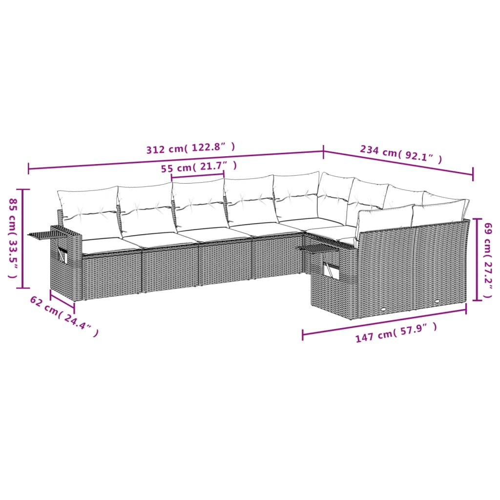 9-tlg. Garten-Sofagarnitur mit Kissen Grau Poly Rattan