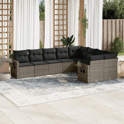 9-tlg. Garten-Sofagarnitur mit Kissen Grau Poly Rattan