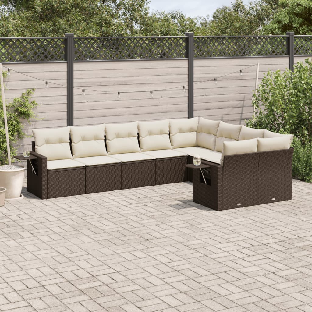 9-tlg. Garten-Sofagarnitur mit Kissen Braun Poly Rattan