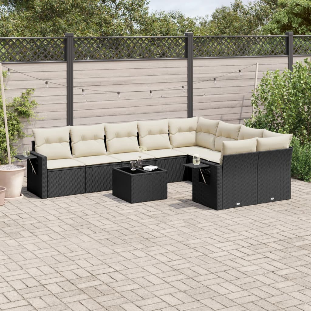 10-tlg. Garten-Sofagarnitur mit Kissen Schwarz Poly Rattan