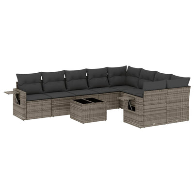 10-tlg. Garten-Sofagarnitur mit Kissen Grau Poly Rattan