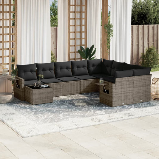 10-tlg. Garten-Sofagarnitur mit Kissen Grau Poly Rattan