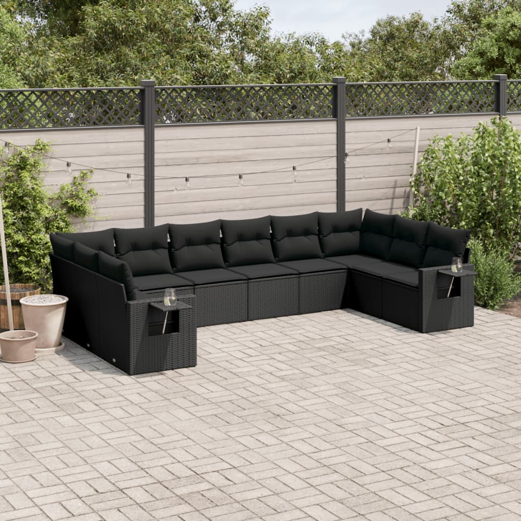 10-tlg. Garten-Sofagarnitur mit Kissen Schwarz Poly Rattan