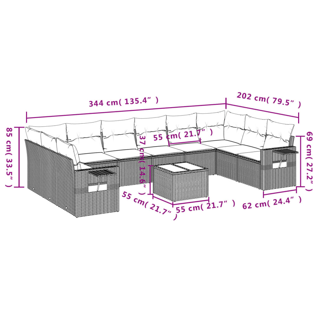 11-tlg. Garten-Sofagarnitur mit Kissen Grau Poly Rattan