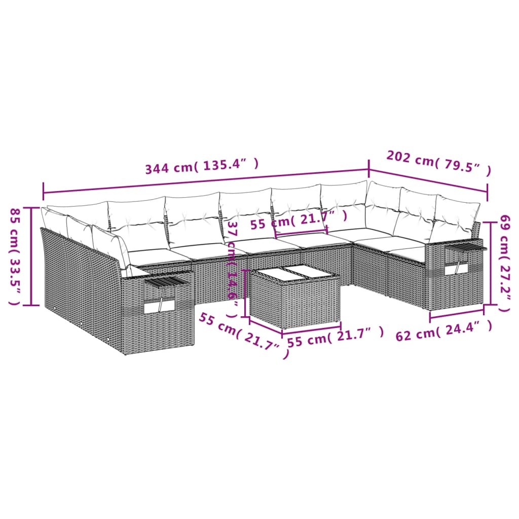 11-tlg. Garten-Sofagarnitur mit Kissen Hellgrau Poly Rattan