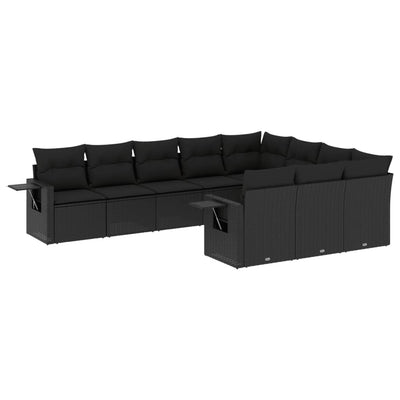 10-tlg. Garten-Sofagarnitur mit Kissen Schwarz Poly Rattan