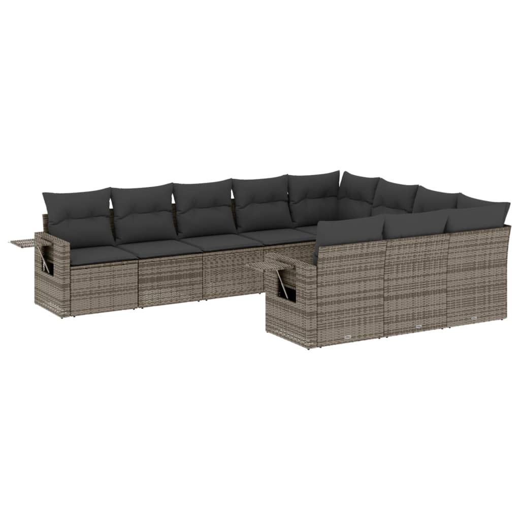 10-tlg. Garten-Sofagarnitur mit Kissen Grau Poly Rattan