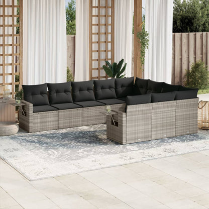 10-tlg. Garten-Sofagarnitur mit Kissen Hellgrau Poly Rattan