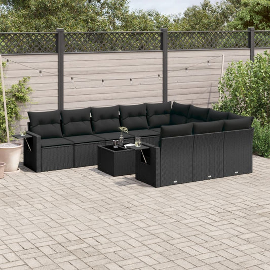 11-tlg. Garten-Sofagarnitur mit Kissen Schwarz Poly Rattan