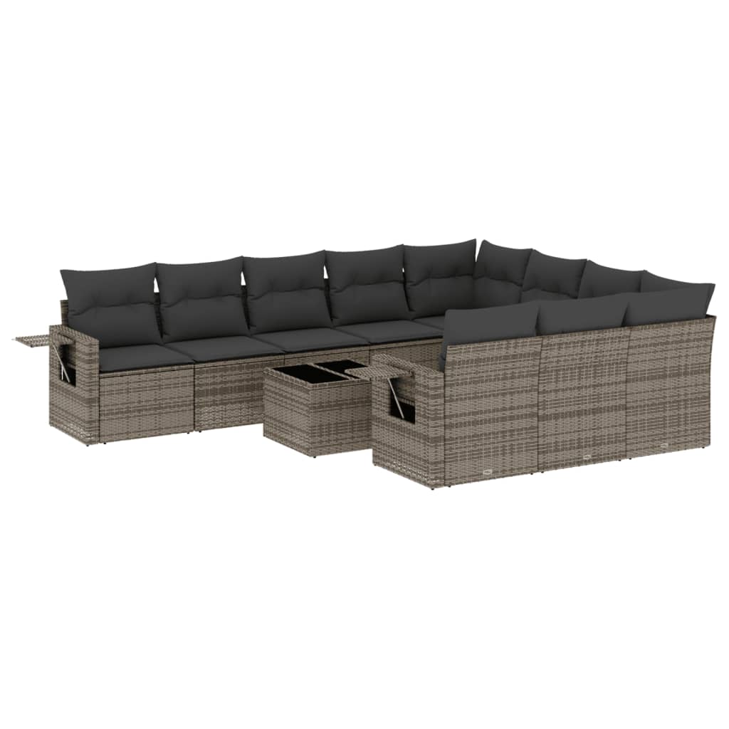 11-tlg. Garten-Sofagarnitur mit Kissen Grau Poly Rattan