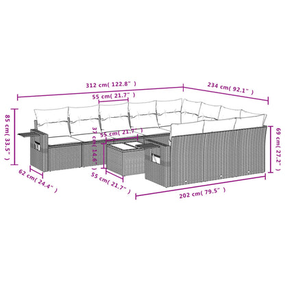 11-tlg. Garten-Sofagarnitur mit Kissen Grau Poly Rattan