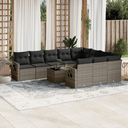 11-tlg. Garten-Sofagarnitur mit Kissen Grau Poly Rattan