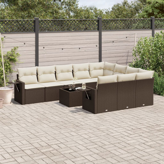 11-tlg. Garten-Sofagarnitur mit Kissen Braun Poly Rattan