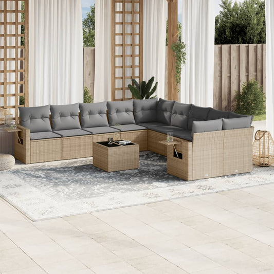 11-tlg. Garten-Sofagarnitur mit Kissen Beige Poly Rattan