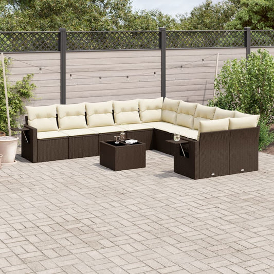 11-tlg. Garten-Sofagarnitur mit Kissen Braun Poly Rattan