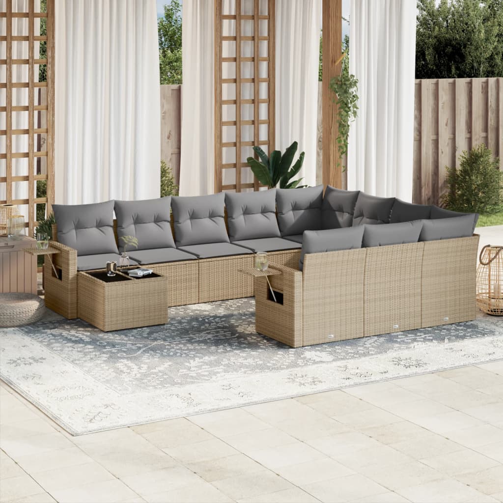 11-tlg. Garten-Sofagarnitur mit Kissen Beige Poly Rattan