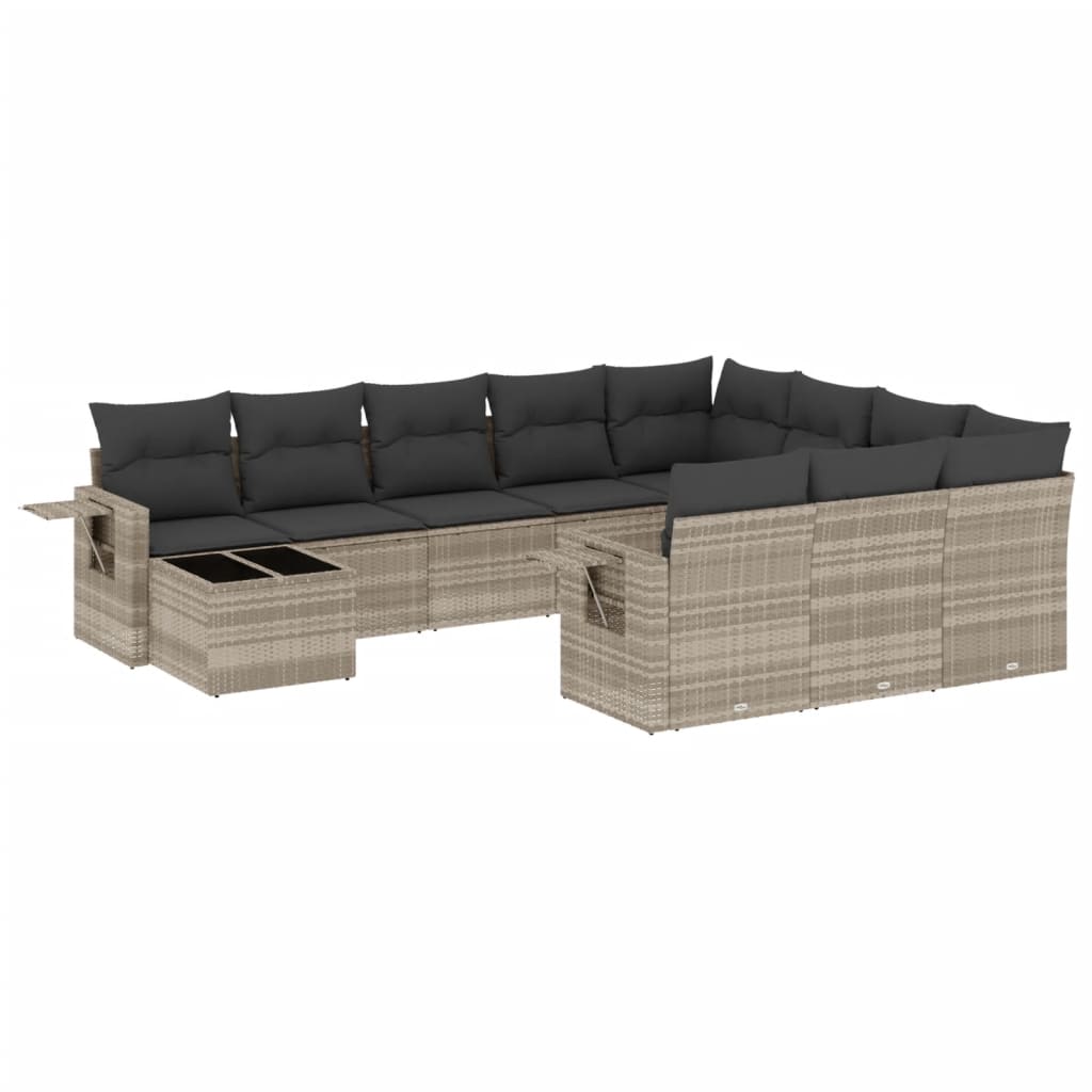 11-tlg. Garten-Sofagarnitur mit Kissen Hellgrau Poly Rattan