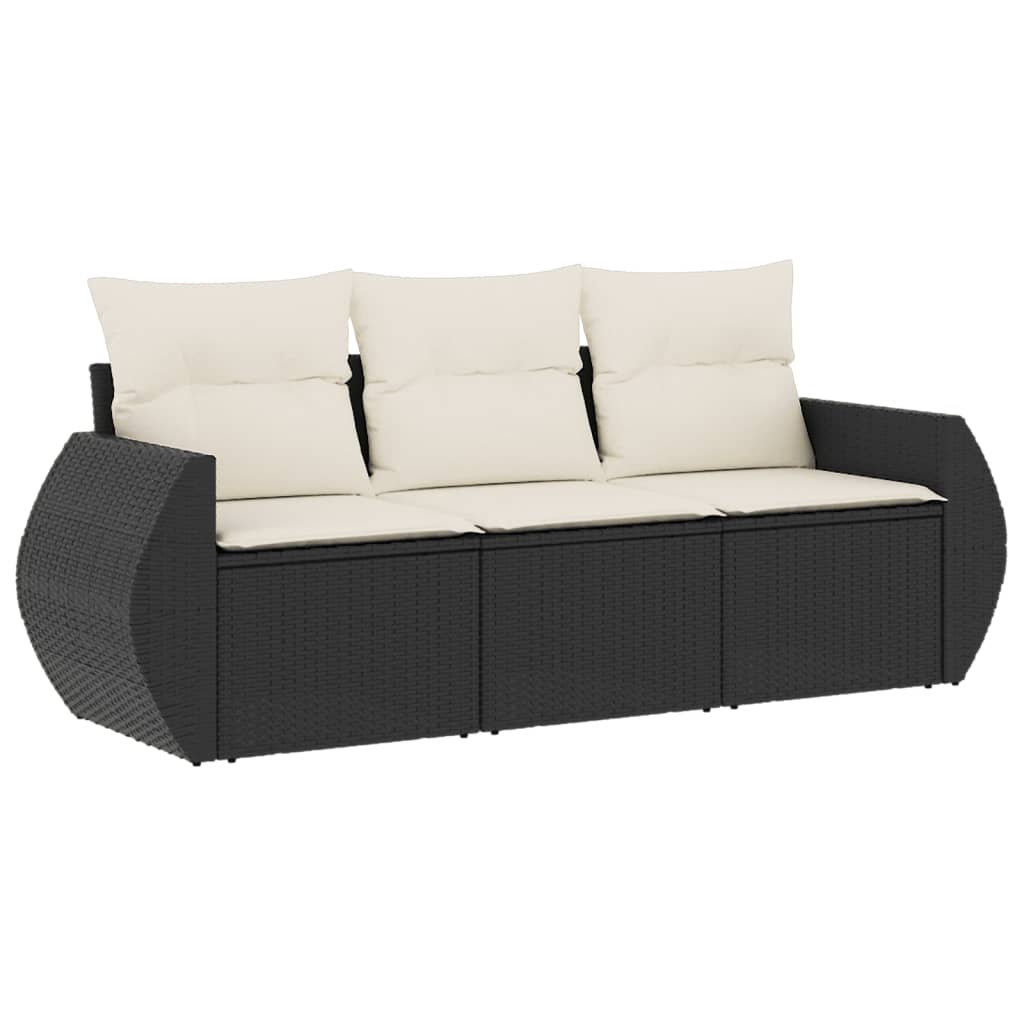 3-tlg. Garten-Sofagarnitur mit Kissen Schwarz Poly Rattan