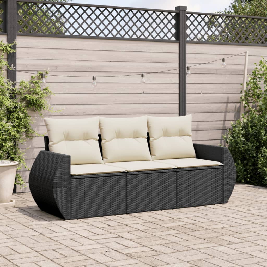 3-tlg. Garten-Sofagarnitur mit Kissen Schwarz Poly Rattan