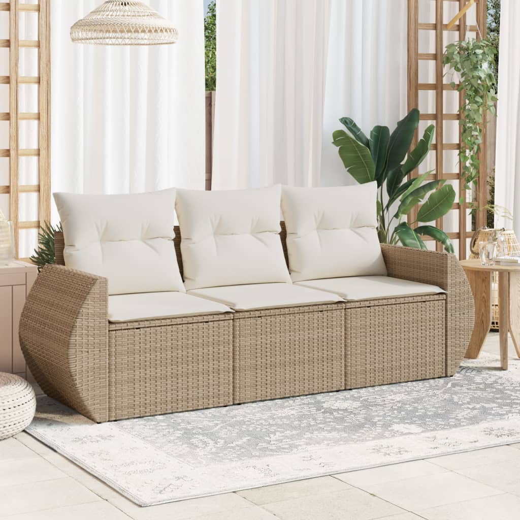 3-tlg. Garten-Sofagarnitur mit Kissen Beige Poly Rattan