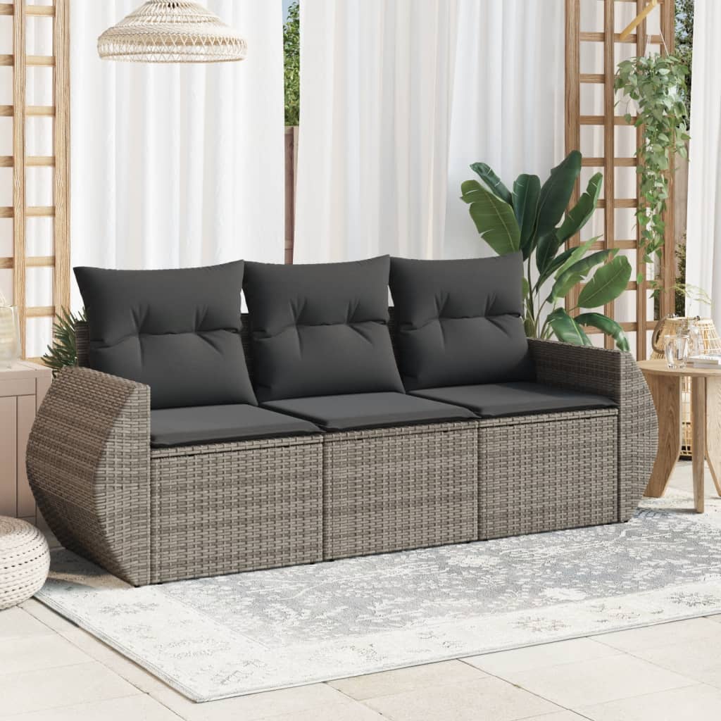 3-tlg. Garten-Sofagarnitur mit Kissen Grau Poly Rattan